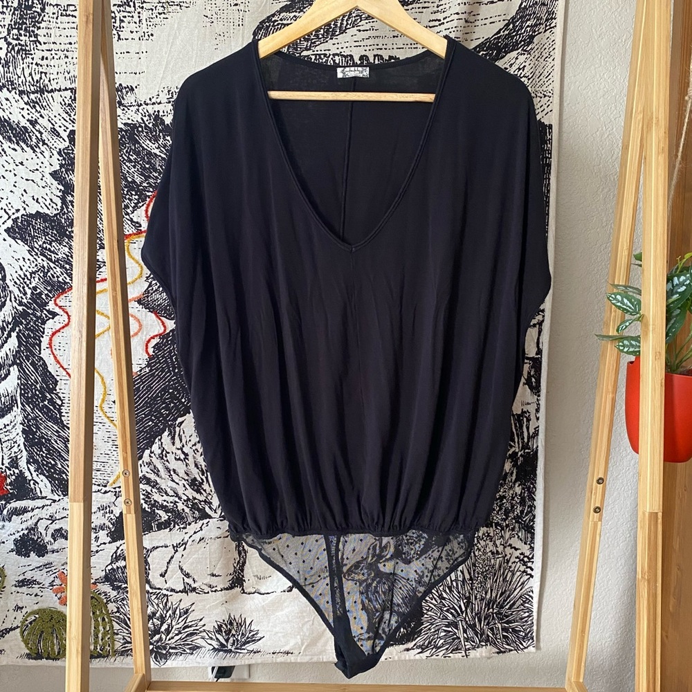 Free People V Neck Oversized Bodysuit with Lace Bottom